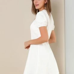 Allegra K Women's Elegant Square Neck Dresses Solid Color Cotton Puff Sleeve A-Line Short Dress