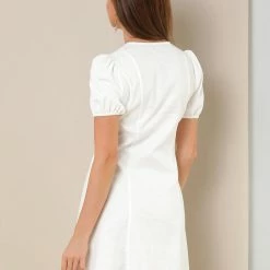 Allegra K Women's Elegant Square Neck Dresses Solid Color Cotton Puff Sleeve A-Line Short Dress