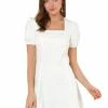 Allegra K Women's Elegant Square Neck Dresses Solid Color Cotton Puff Sleeve A-Line Short Dress 1 Allegra K Women's Elegant Square Neck Dresses Solid Color Cotton Puff Sleeve A-Line Short Dress