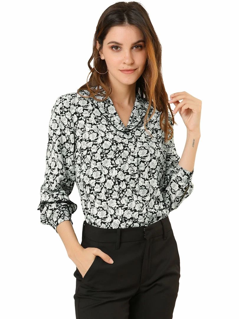 Allegra K Women's Long Sleeve Floral Chiffon Button Shawl Collar Spring Work Shirt Top Blouse 3 Allegra K Women's Long Sleeve Floral Chiffon Button Shawl Collar Spring Work Shirt Top Blouse