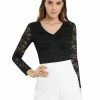 Allegra K Women's V Neck Elegant Slim Fit Blouse Lined Long Sleeve Lace Top