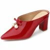 Allegra K Women's Pointed Toe Pearl Bow Chunky Heel Slides Mules Shoes