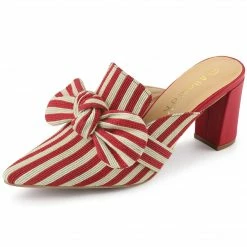Allegra K Shoes Women's Stripe Bow Pointed Toe Block Heel Slides Mules