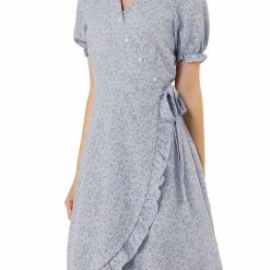 Allegra K Women's Floral Printed V Neck Puff Sleeve Ruffled-Hem Midi Dress