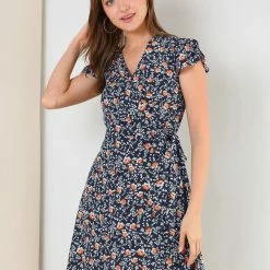 Allegra K Women's Wrap Front Tulip Sleeve Tie Waist Flare Floral Dress