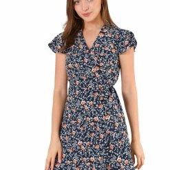 Allegra K Women's Wrap Front Tulip Sleeve Tie Waist Flare Floral Dress