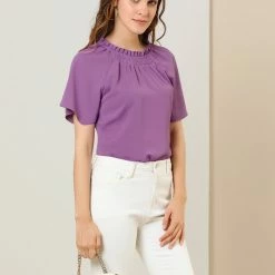 Allegra K Women's Ruched Ruffle Neckline Casual Short Sleeve Keyhole Back Blouse