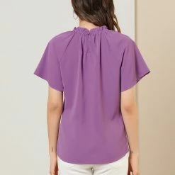 Allegra K Women's Ruched Ruffle Neckline Casual Short Sleeve Keyhole Back Blouse