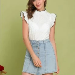 Allegra K Women's Cotton Blouses Tops Cap Sleeve Ruffle Stand Collar Workwear Summer Shirt