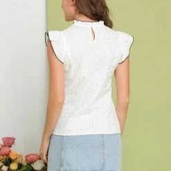 Allegra K Women's Cotton Blouses Tops Cap Sleeve Ruffle Stand Collar Workwear Summer Shirt