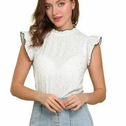 Allegra K Women's Cotton Blouses Tops Cap Sleeve Ruffle Stand Collar Workwear Summer Shirt