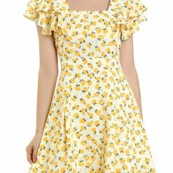 Allegra K Women‘s Square Neck Ruffled Sleeves Pleated Front Floral Printed Dress