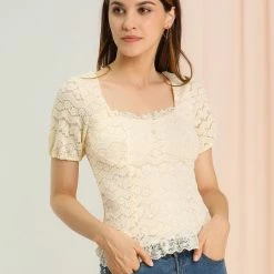 Allegra K Women's Ruffle Blouse Sweetheart Neck Dating Lace Top