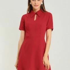 Allegra K Women's Work Office Fit And Flare Mini Turndown Collared Keyhole Dress