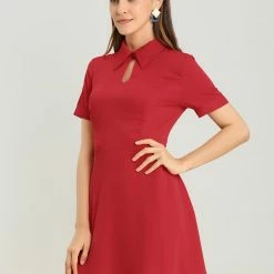 Allegra K Women's Work Office Fit And Flare Mini Turndown Collared Keyhole Dress