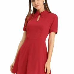 Allegra K Women's Work Office Fit And Flare Mini Turndown Collared Keyhole Dress