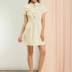 Allegra K Women's Short Sleeve Elastic Waist Pocket Point Collar Button Mini Cotton Dress