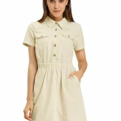 Allegra K Women's Short Sleeve Elastic Waist Pocket Point Collar Button Mini Cotton Dress