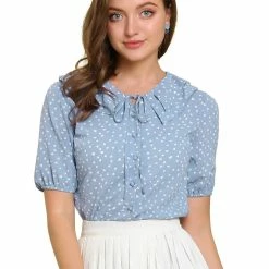 Allegra K Women's Heart Print Short Sleeves Tie Neck Doll Collar Blouse Tops