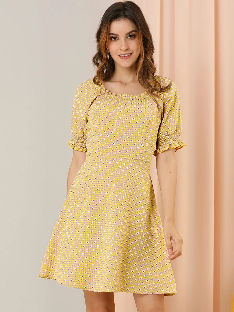 Allegra K Women's Daisy Floral Print Casual Short Ruffle Sleeve Smocked Mini Gingham Dress 4 Allegra K Women's Daisy Floral Print Casual Short Ruffle Sleeve Smocked Mini Gingham Dress