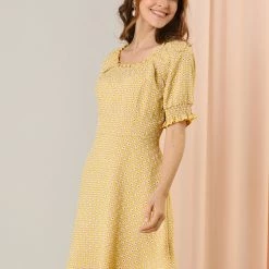 Allegra K Women's Daisy Floral Print Casual Short Ruffle Sleeve Smocked Mini Gingham Dress 17 Allegra K Women's Daisy Floral Print Casual Short Ruffle Sleeve Smocked Mini Gingham Dress