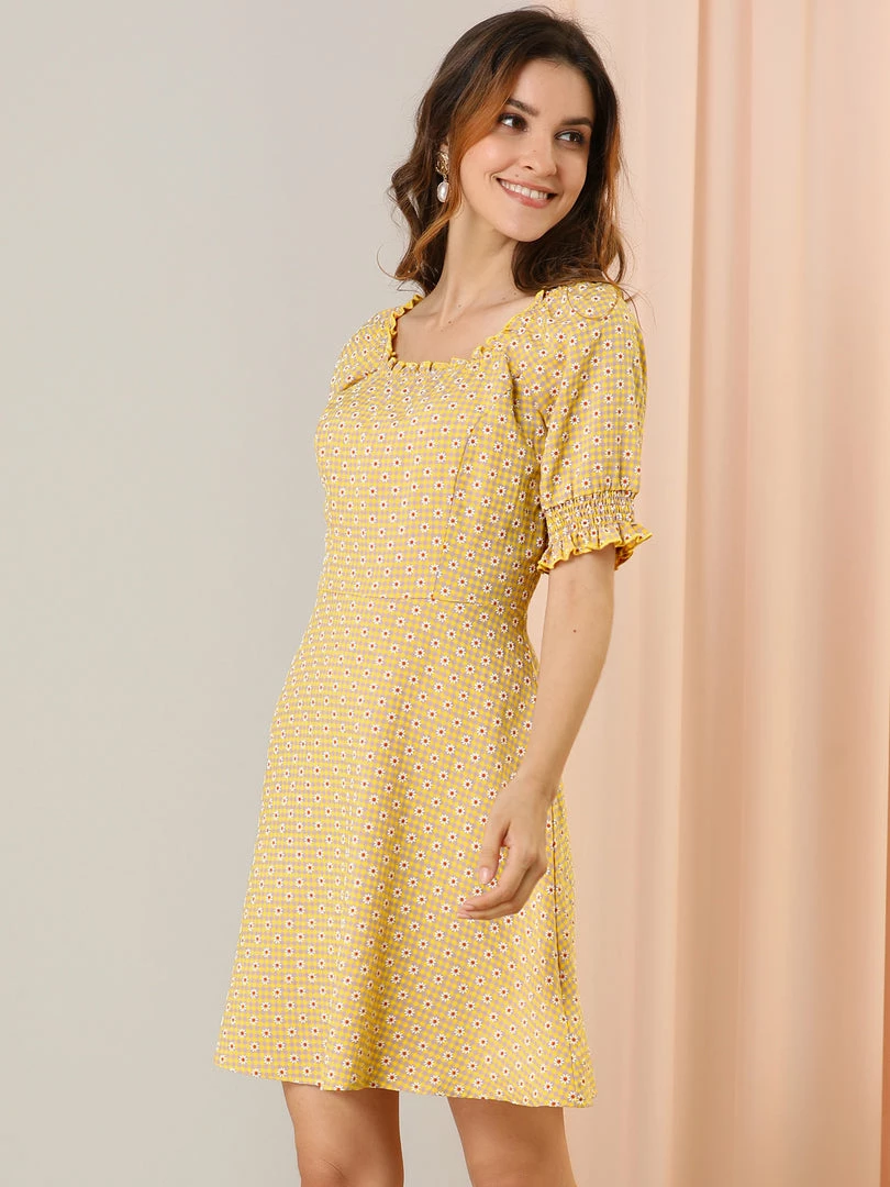 Allegra K Women's Daisy Floral Print Casual Short Ruffle Sleeve Smocked Mini Gingham Dress 6 Allegra K Women's Daisy Floral Print Casual Short Ruffle Sleeve Smocked Mini Gingham Dress
