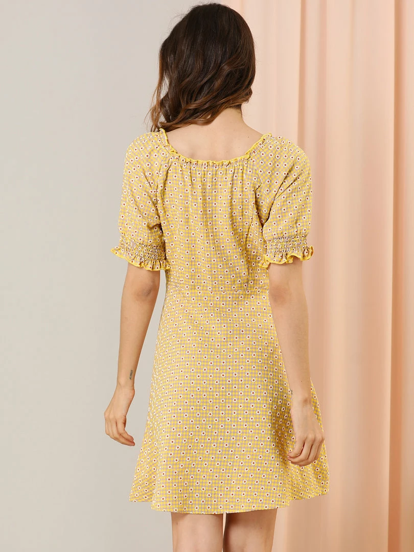 Allegra K Women's Daisy Floral Print Casual Short Ruffle Sleeve Smocked Mini Gingham Dress 7 Allegra K Women's Daisy Floral Print Casual Short Ruffle Sleeve Smocked Mini Gingham Dress