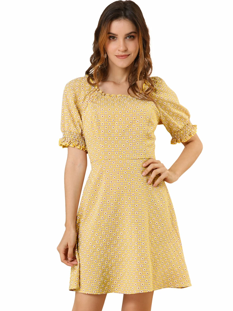 Allegra K Women's Daisy Floral Print Casual Short Ruffle Sleeve Smocked Mini Gingham Dress 3 Allegra K Women's Daisy Floral Print Casual Short Ruffle Sleeve Smocked Mini Gingham Dress