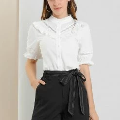 Allegra K Women's Cotton Belted Bow Tie Contrast Stitch Casual Work Shorts