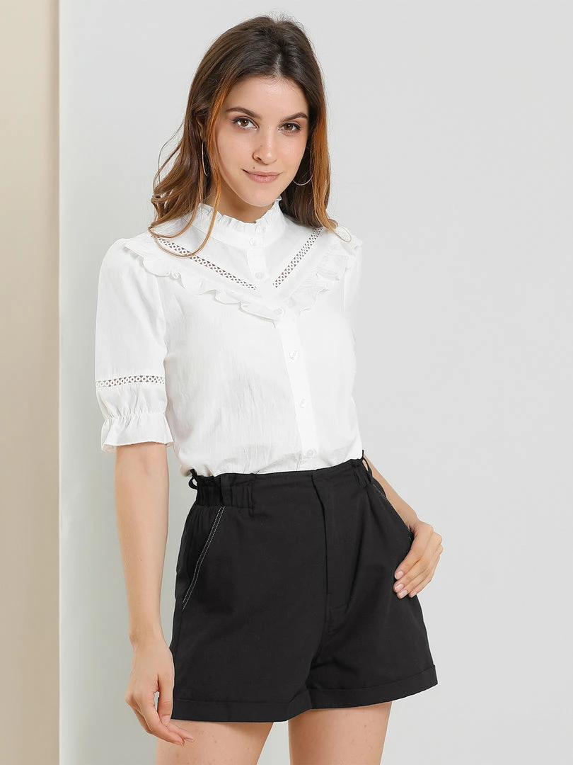 Allegra K Women's Cotton Belted Bow Tie Contrast Stitch Casual Work Shorts 6 Allegra K Women's Cotton Belted Bow Tie Contrast Stitch Casual Work Shorts