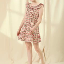 Allegra K Women's Square Neck Cotton Dress Ruffle Fruits Print Summer Sleeveless Dress