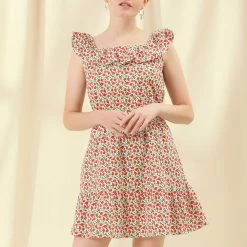 Allegra K Women's Square Neck Cotton Dress Ruffle Fruits Print Summer Sleeveless Dress