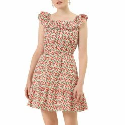 Allegra K Women's Square Neck Cotton Dress Ruffle Fruits Print Summer Sleeveless Dress