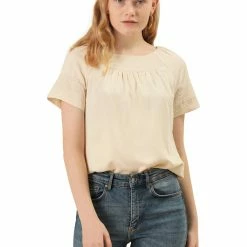 Allegra K Women's Casual Raglan Sleeve Round Neck Pleated Embroidered Blouse Tops