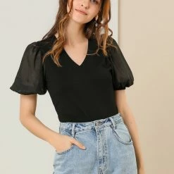 Allegra K Women's Puff Short Sleeve V Neck Stretchy Cotton Solid Color Top