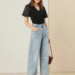 Allegra K Women's Puff Short Sleeve V Neck Stretchy Cotton Solid Color Top