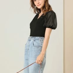 Allegra K Women's Puff Short Sleeve V Neck Stretchy Cotton Solid Color Top