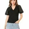Allegra K Women's Puff Short Sleeve V Neck Stretchy Cotton Solid Color Top