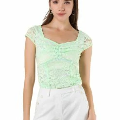 Allegra K Women's Lace Top Cap Sleeve Sweetheart Neck Ruched Front Vintage Blouse