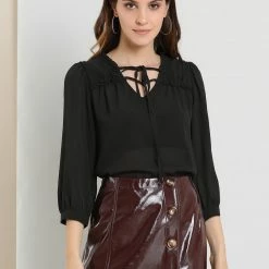 Allegra K Women's Semi-Sheer Tie Neck 3/4 Sleeve Ruffle Yoke Summer Casual Blouse Top
