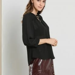 Allegra K Women's Semi-Sheer Tie Neck 3/4 Sleeve Ruffle Yoke Summer Casual Blouse Top