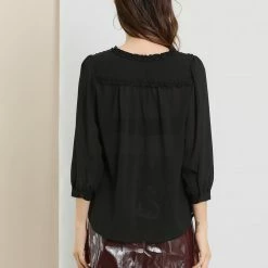 Allegra K Women's Semi-Sheer Tie Neck 3/4 Sleeve Ruffle Yoke Summer Casual Blouse Top