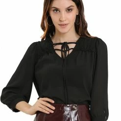Allegra K Women's Semi-Sheer Tie Neck 3/4 Sleeve Ruffle Yoke Summer Casual Blouse Top