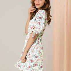Allegra K Women's Floral Sweetheart Neck Puff Sleeve Fit And Flare A-Line Mini Dress