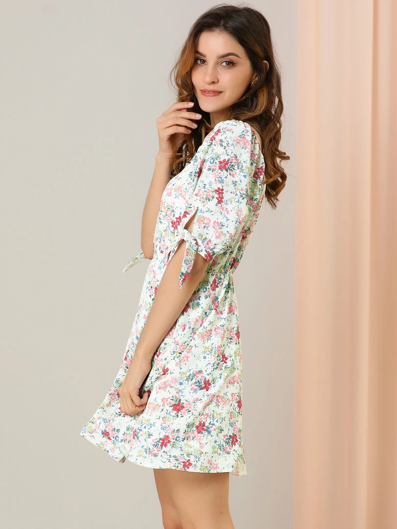 Allegra K Women's Floral Sweetheart Neck Puff Sleeve Fit And Flare A-Line Mini Dress 4 Allegra K Women's Floral Sweetheart Neck Puff Sleeve Fit And Flare A-Line Mini Dress