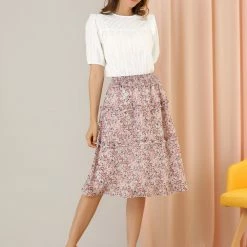 Allegra K Women's Cotton Frilled Blouses Solid Round Neck Short Sleeve Shirt Top