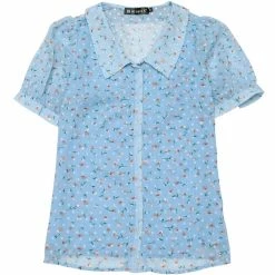 Allegra K Women's Floral Button Down Collar Semi Sheer Sweet Puff Sleeve Blouse Shirt