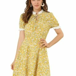Allegra K Women's Floral Ruffled Collar Casual Short Sleeve Dress
