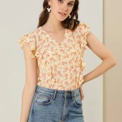 Allegra K Women's Floral Flare Cap Sleeve Blouse Ruffle V Neck Blouses Summer Tops Shirt
