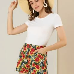 Allegra K Women's Sunflowers Short Pants Elastic Waist Vacation Boho Floral Mini Shorts
